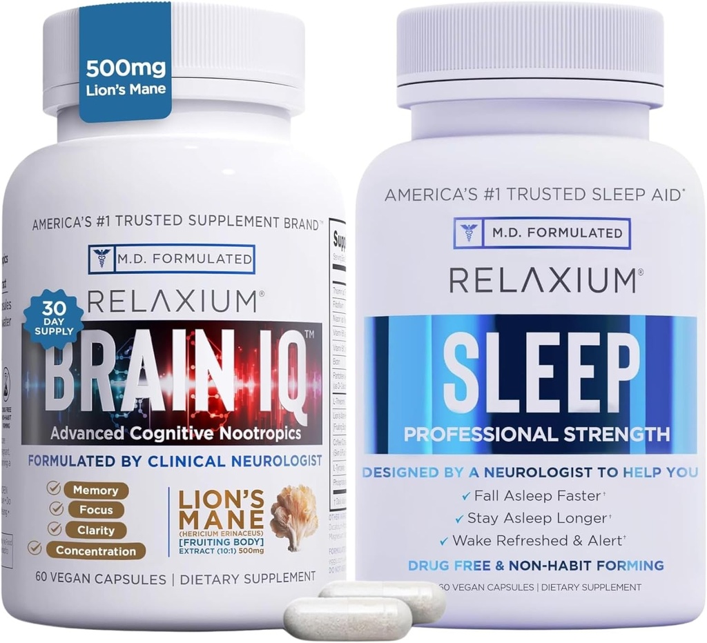 Relaxium Sleep Aid 60 Capsule + BrainIQ Nootropic Creier Suplimente 60 Capsule (Family Pack Sleep & Brain Bundle)