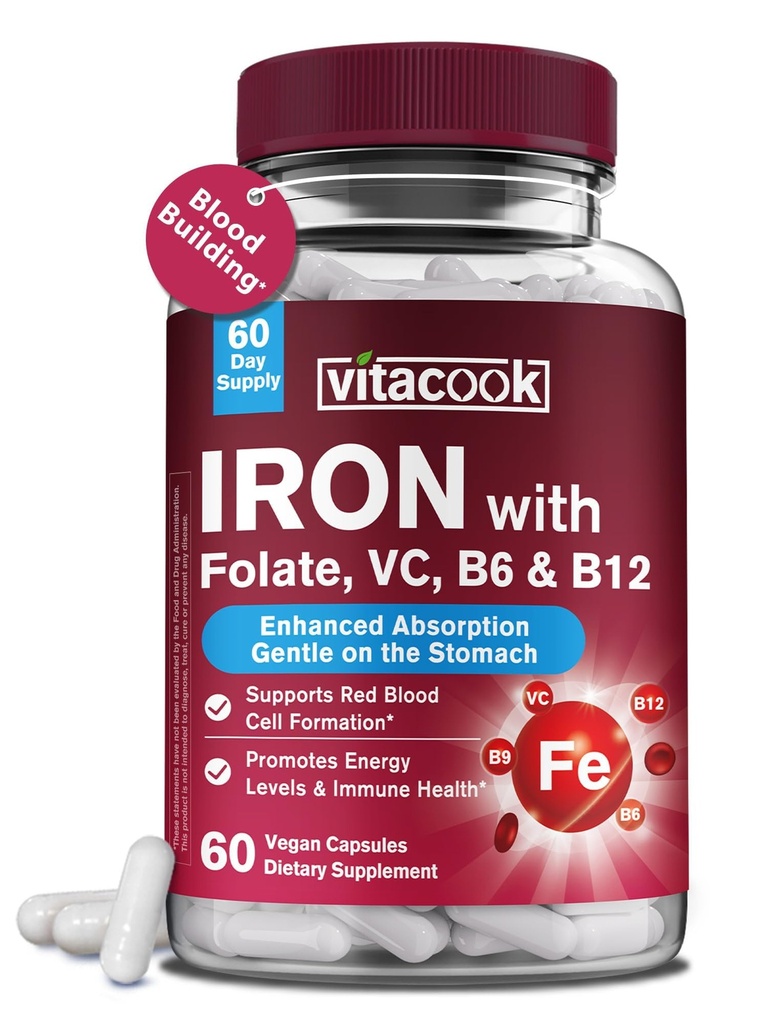 Supliment de fier pentru femei si barbati, Bisglicinat de fier cu vitamina C, B6, B12, Folat, Stomac prietenos, non-conspitante, Sanatate si energie de sange Boost, 60 Vegan Caps