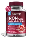 Supliment de fier pentru femei si barbati, Bisglicinat de fier cu vitamina C, B6, B12, Folat, Stomac prietenos, non-conspitante, Sanatate si energie de sange Boost, 60 Vegan Caps