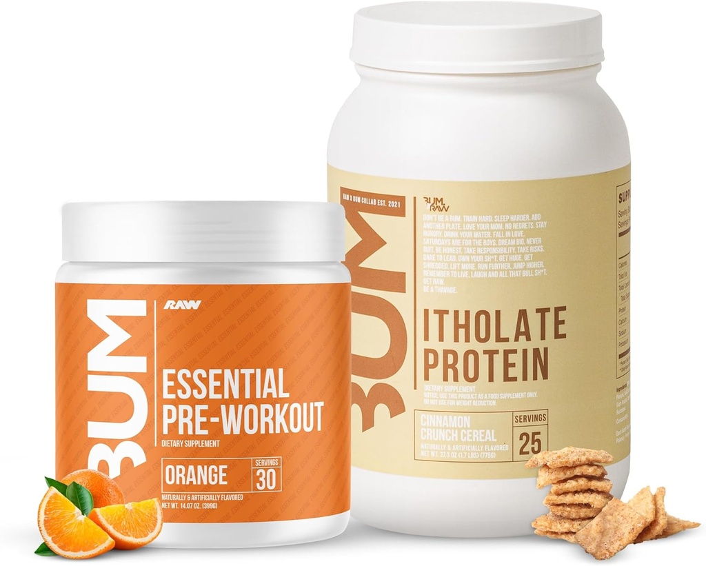 RAW Whey Izolează praful de proteine și praful esențial înainte de lucru Bundle (Cinnamon Crunch & Orange) - Chris Bumstead Sports Nutrition Supliment pentru bărbați și femei