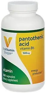 Acidul pantonic de vitamina Shoppe 500MG, cu vitamina B5, susține producția de energie și păr, piele, unghii, o dată pe zi (300 capsule)
