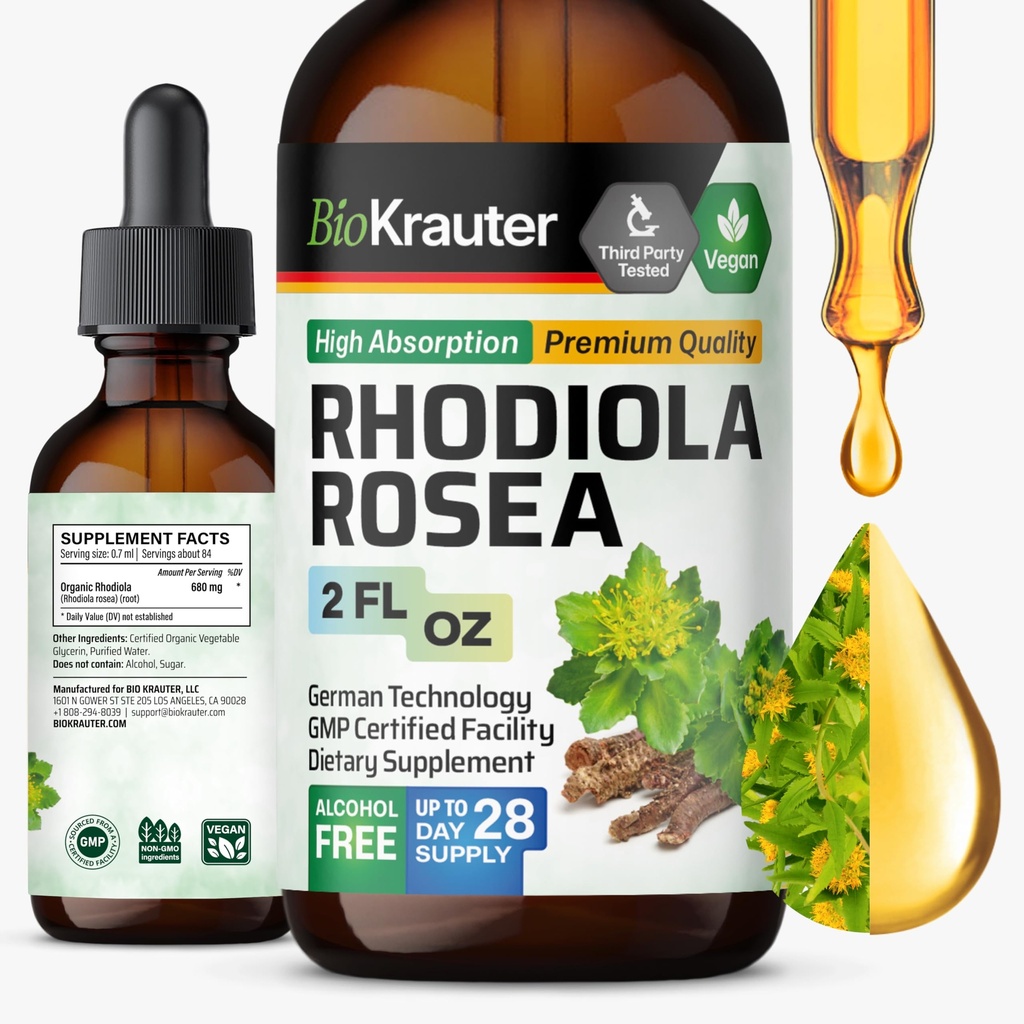 BIO KRAUTER Rhodiola Rosea Supliment lichid - Pur Rhodiola Rosea Tincture - Vegan Calmness Support - Alcool și zahăr Extract gratuit 2 Fl.Oz.