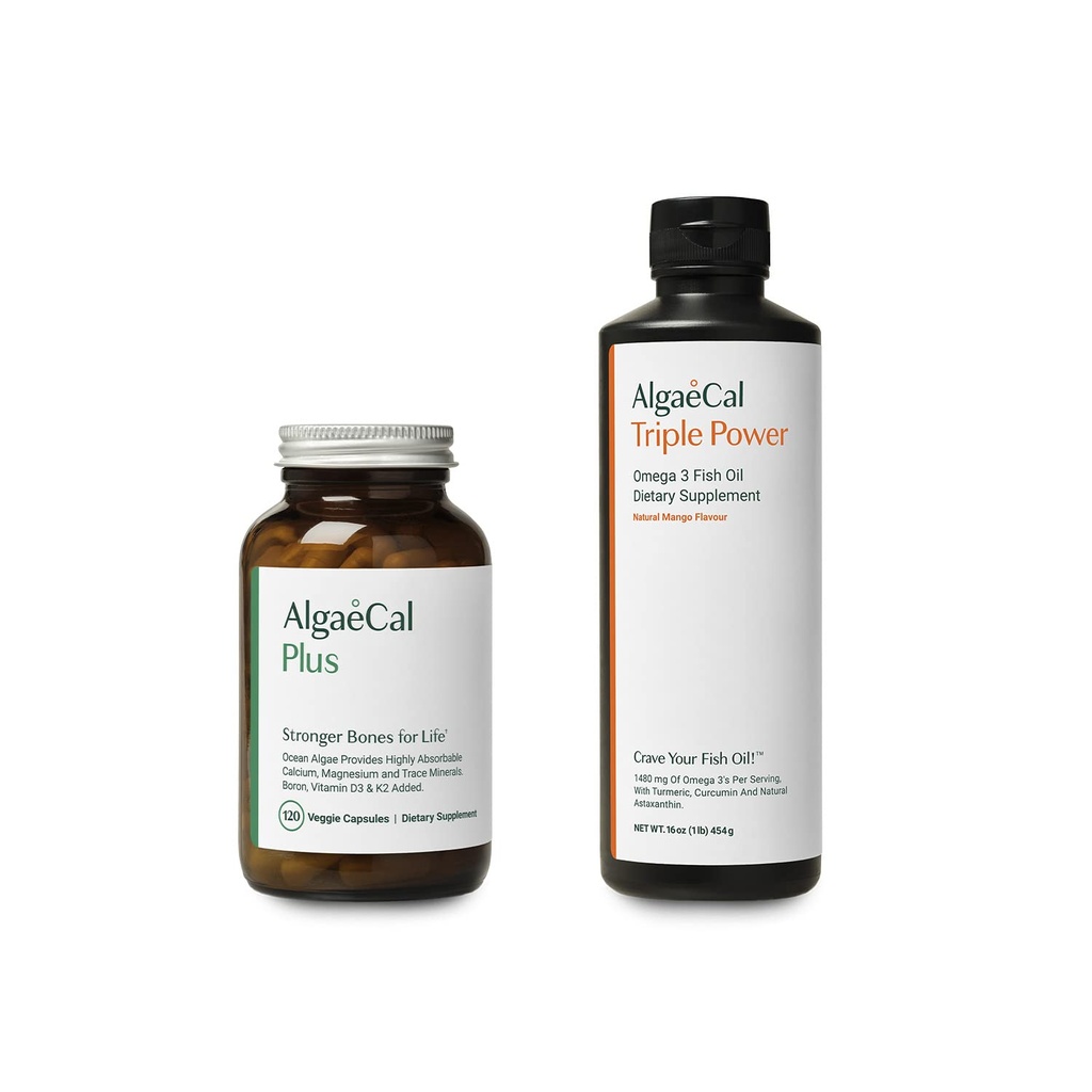 AlgaeCal Bundle - All Natural Calcium Supplement VIT D3 & K2, Magneziu, Bor și Trace Minerale & Triple Power Omega-3 Fish Oil lichid Emulsie naturală cu EPA DHA Curcumin, Astaxantină