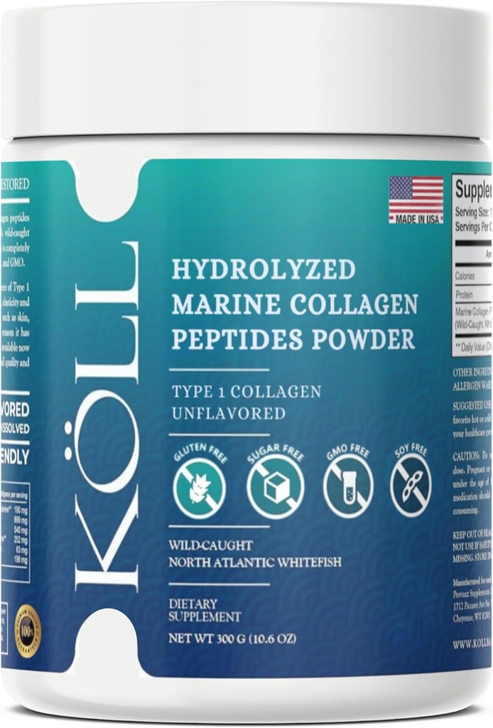 KÖLL Marine Colagen Peptides Powder (300g) Colagen fără aromă de zahăr pentru femei și bărbați, 10.000 mg supliment hidrolizat, Wild-Caught Source, non-GMO, 0% Conservanți de tip 1 pentru sănătatea osoasă și a pielii