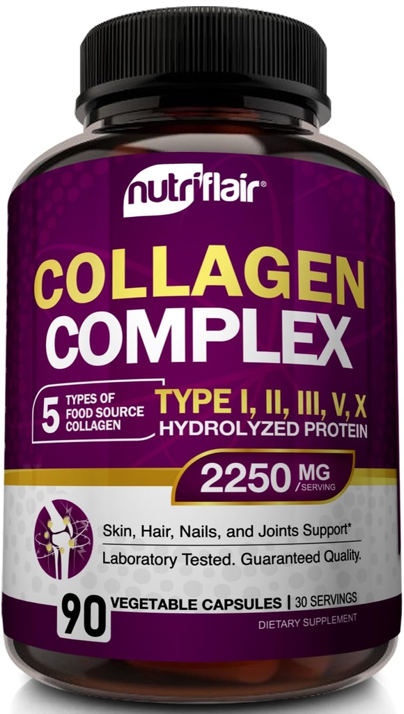 NutriFlair Multi Colagen Peptides 2250mg, 90 capsule - Tip I, II, III, V, X - Suplimente Colagen Pastile de pulbere complexe pentru femei si barbati - Proteina hidrolizata, par sanatos, piele, unghii - non-GMO