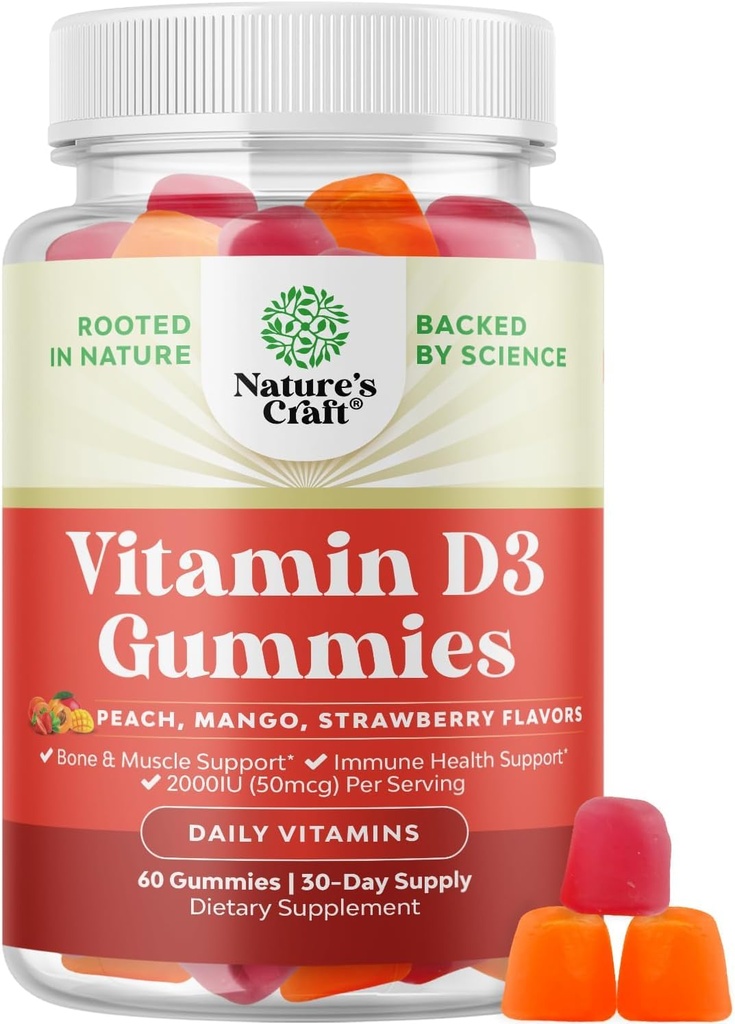 Naturas Craft Vitamina D3 Gume pentru wellness zilnic - Delicious D Adulți cu 2000UI per servire musculare osoase și suport imunitar non-GMO Gelatină Gluten gratuit (30 zile de aprovizionare)