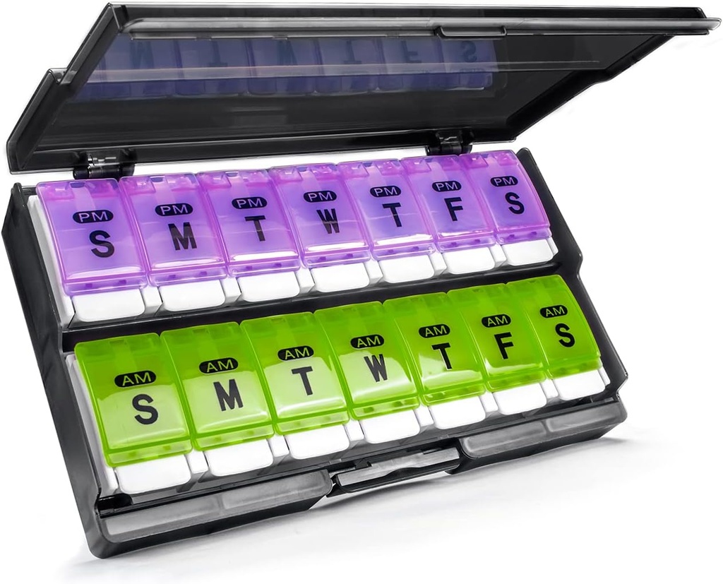 Extra Large Weekly Pill Organizator 2 ori pe zi - Remtise Am / Pm Daily Pill Case Medicine Organizator, Push Button 7 zile Pilula cutie pentru pastile / Vitamina / Cod Ulei de ficat / Suplimente (Purple & Green)