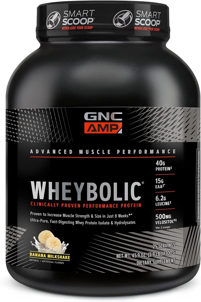 GNC AMP Wheybolic Pudră de proteine dovedit clinic, 40g Proteina Whey, BCAA, Leucina, Creste forta musculara, Constructie musculara, 3rd Party testat, Gluten gratuit, Banana Milkshake, 25 Serviri