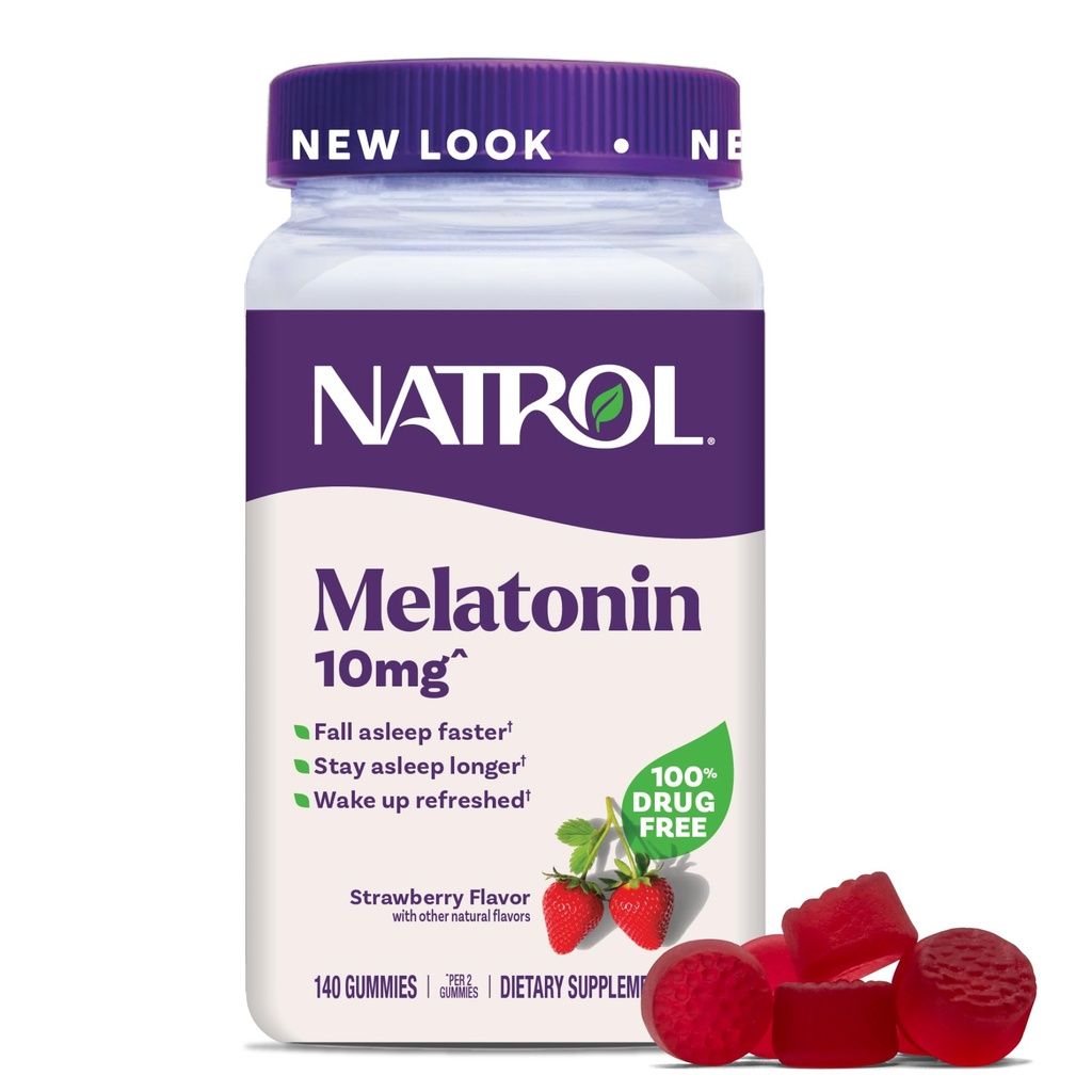 Natrol Melatonine Gummies, Sleep Support pentru adulți, Melatonina 10 mg, 140 căpșuni-Flavored, până la 70 zile
