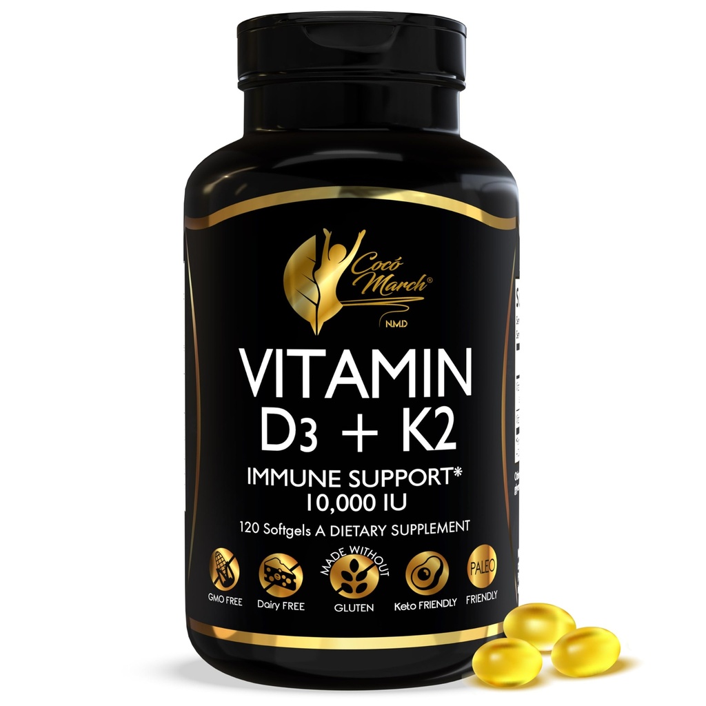 Cocó Martie N.M.D Vitamina D3+K2 10000 UI - Supliment de mare potenta pentru femei si barbati, Suport Imun, Sanatate Bone & Joint - Gluten-Free, non-GMO, 4 Luna de aprovizionare, 250 mcg D3, 180 mcg de vitamina K2