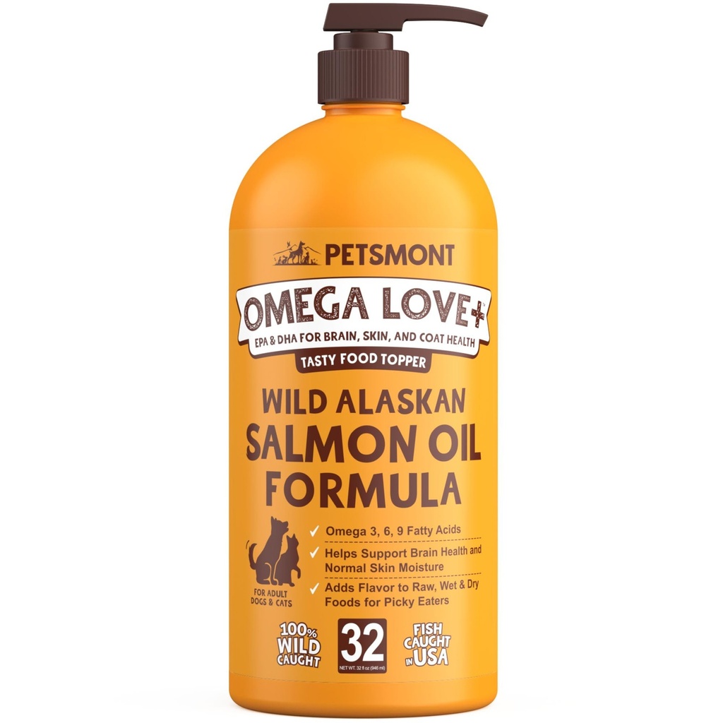 Petsmont Omega Love+ Wild Alaskan Somon ulei pentru câini Formula 32 oz - Peşte Omega lichid Pompa Pisici Suportă Funcţie comună Imun Heart Health Supliment alimentar Animale de companie Natural EPA DHA acizi grasi