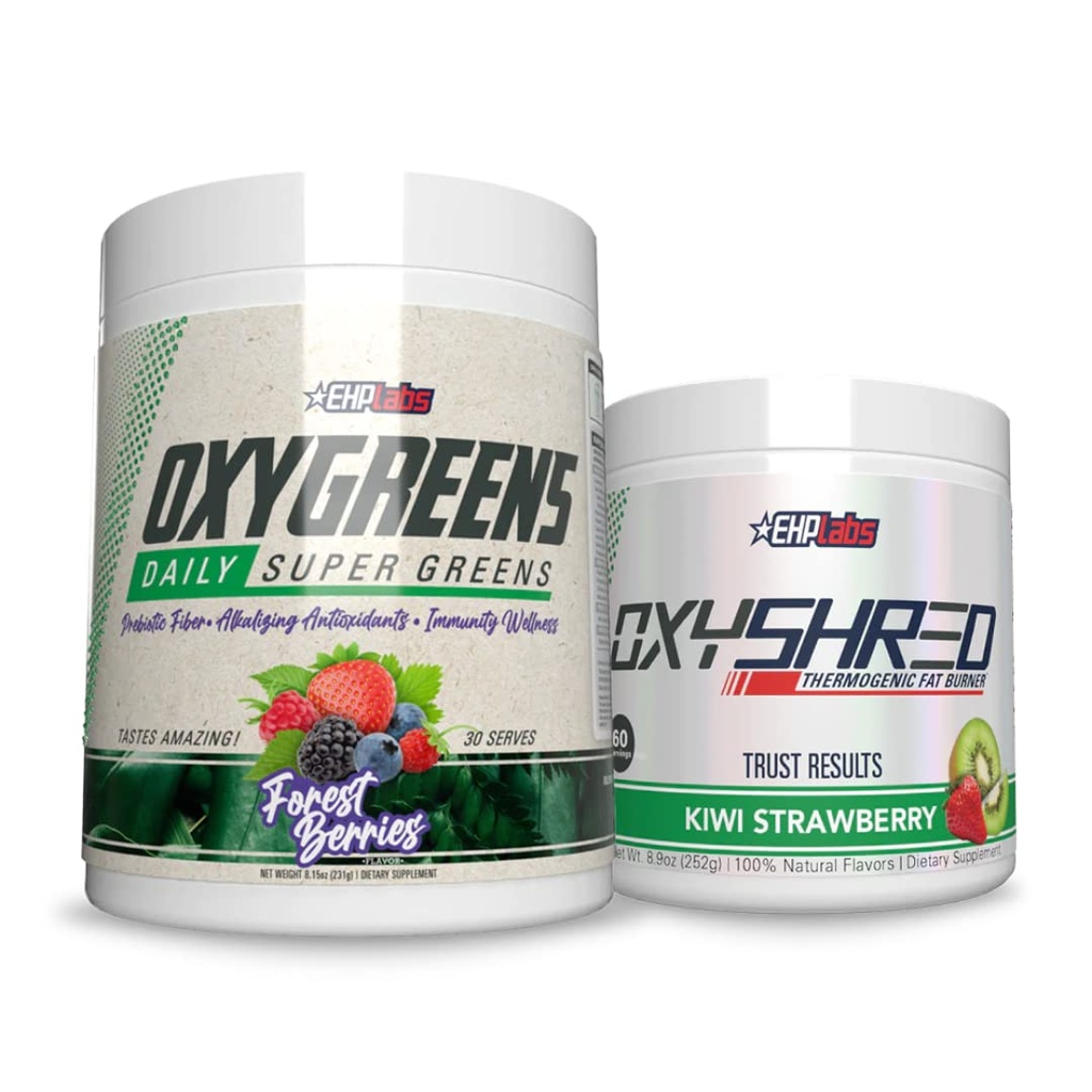 EHP Labs OxyShred + OxyGreens Bundle - Termogen Pre Workout pulbere și supliment de topire, dovedit clinic Preworkout pulbere - Daily Super Greens pulbere, Spirulina pulbere, Greens Superfood pulbere