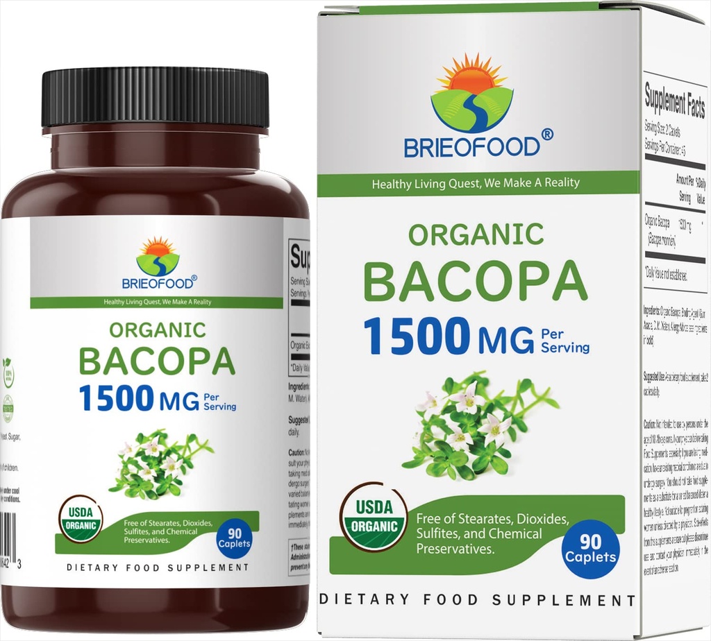 Brieofood Organic Bacopa 1500mg, 45 Servings, Vegetarian, Gluten Free, 90 comprimate vegetariene...