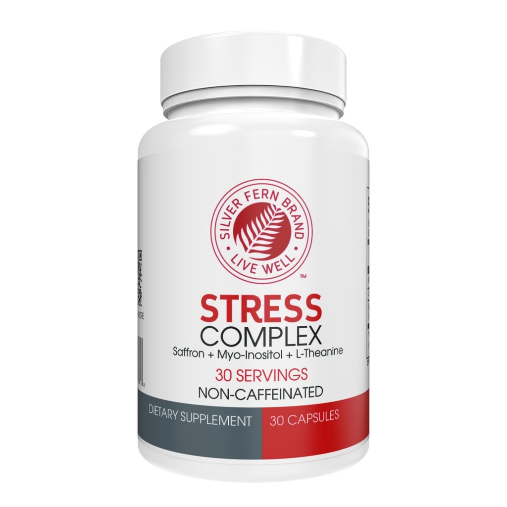 Silver Fern Stress Complex Supplement - Fără Cafeină - Dormi, Îngrijorare, Mood & More - cu Suplimente Saffron, L-Theanin Supliment, & Myo-inozitol - Supliment de relief stres natural (Pachet de 1)