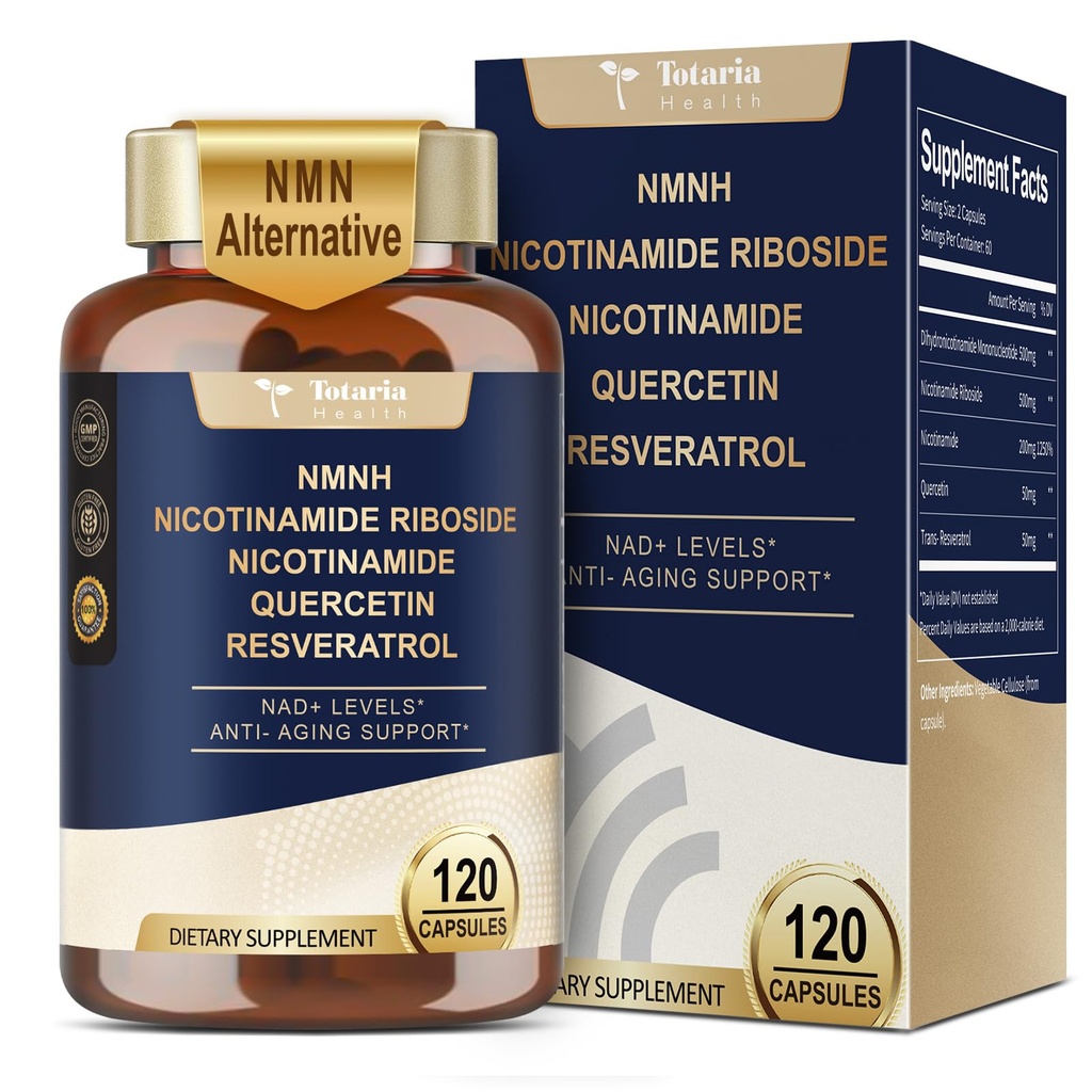 Totaria NMNH (Dihidronicotamidă Mononucleotidă), Supliment alternativ NMN w/Niacinamidă (Vitamina B3), Querbetin, Trans-Resveratrol, Suport NAD+, Skin Cell Health*, Anti-Aging & Energy, 120 Caps