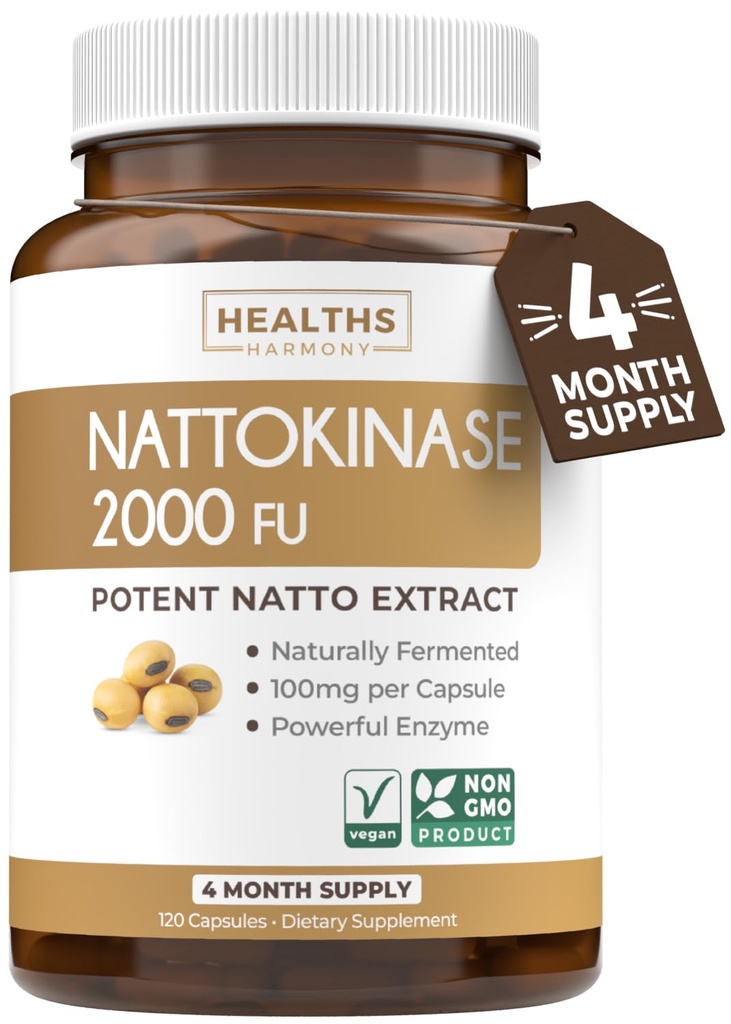Sănătate Harmony Nattokinaza 2000 FU (Non-GMO) Powerful Nattokinaza Suplimentul făcut din soia fermentată natural - 4 luni de aprovizionare) 120 Vegan Natto Capsule