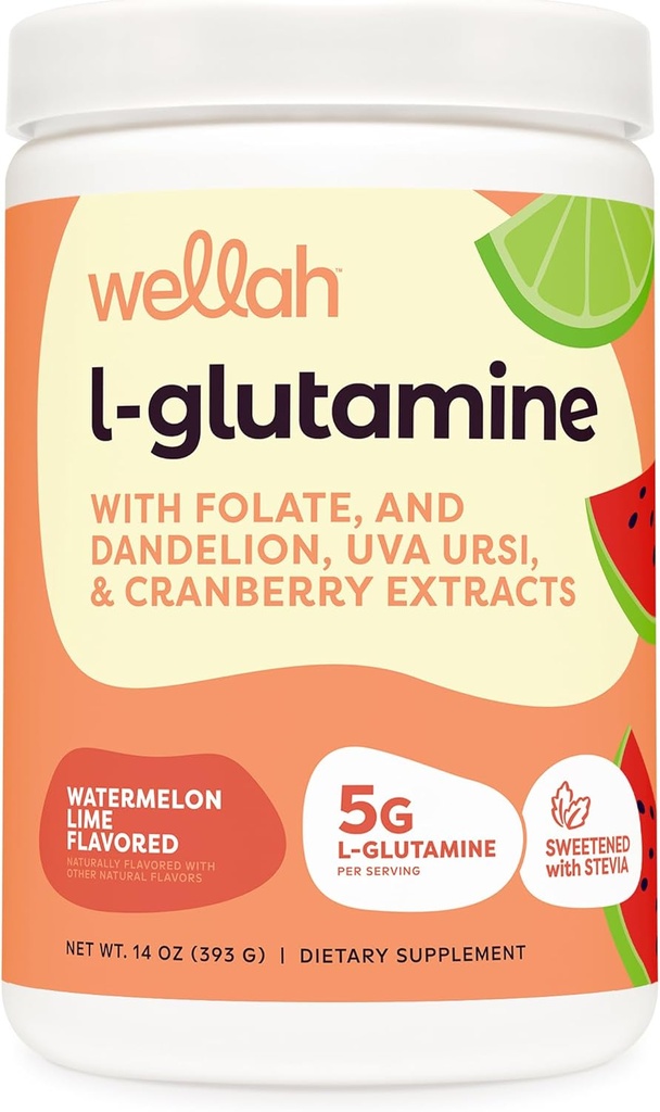 Wellah L-Glutamine Powder Pepene verde (50 Serviri) - 5g L-glutamină Per Serving, îndulcit cu Stevia