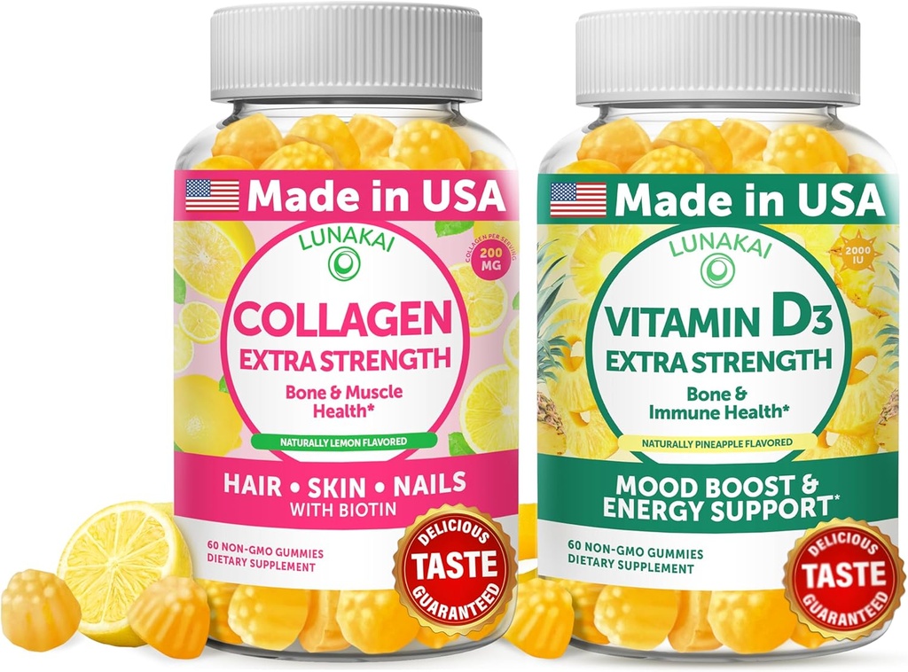 Lunakai Colagen și vitamina D3 Gummies Bundle - Suplimente anti-GMO pentru bărbați și femei - Imunitate, Oase și Mood Support Gummy pentru adulți - 30 zile de aprovizionare