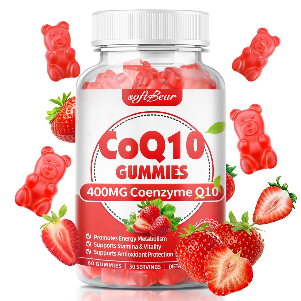 softbear CoQ10 Gummies 400mg Coenzime Q10 Supliment pentru adulți, Coq10 de înaltă absorbție Plus Omega-3, Magneziu, vitamina B3 & Zinc pentru energie celulară și antioxidant, aromă de căpșuni 60 Conte