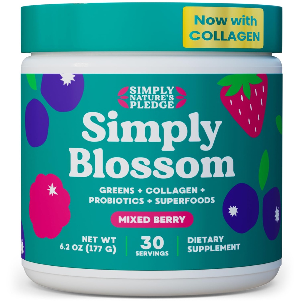 Pur și simplu Blossom Nutrition - Daily Greens & Superfood Powder + Colagen + Probiotice pentru femei Digestive Health & Bloating Relief. Ajutor pentru sănătate Bloom - 30 zile de aprovizionare