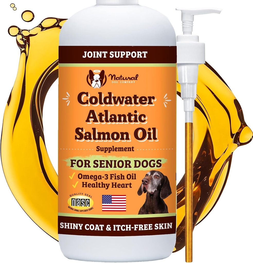 Natural Dog Company Coldwater Atlantic Somon ulei pentru câini (16oz) - Senior Dog Fish Suplimentul de ulei de pește cu Omega 3, Easy to Digest for Senior Dog Fish Oil, Liquid Dog Fish Oil Supplement