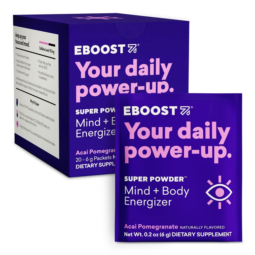 EBOOST Super Energy Powder Drink Mix, non-GMO Electrolit Supliment încărcat cu vitamine (Acai Pomegranate), 0,2 Ounce (Pachet de 20)
