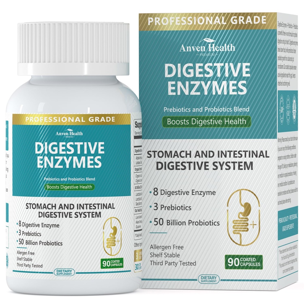 800mg Enzime digestive pentru bărbaţi şi femei cu probiotice şi prebiotice organice, 8 enzime cheie, Protează, Amilază şi Lipază pentru balonare, Relief de gaz, Non-GMO 90 capsule
