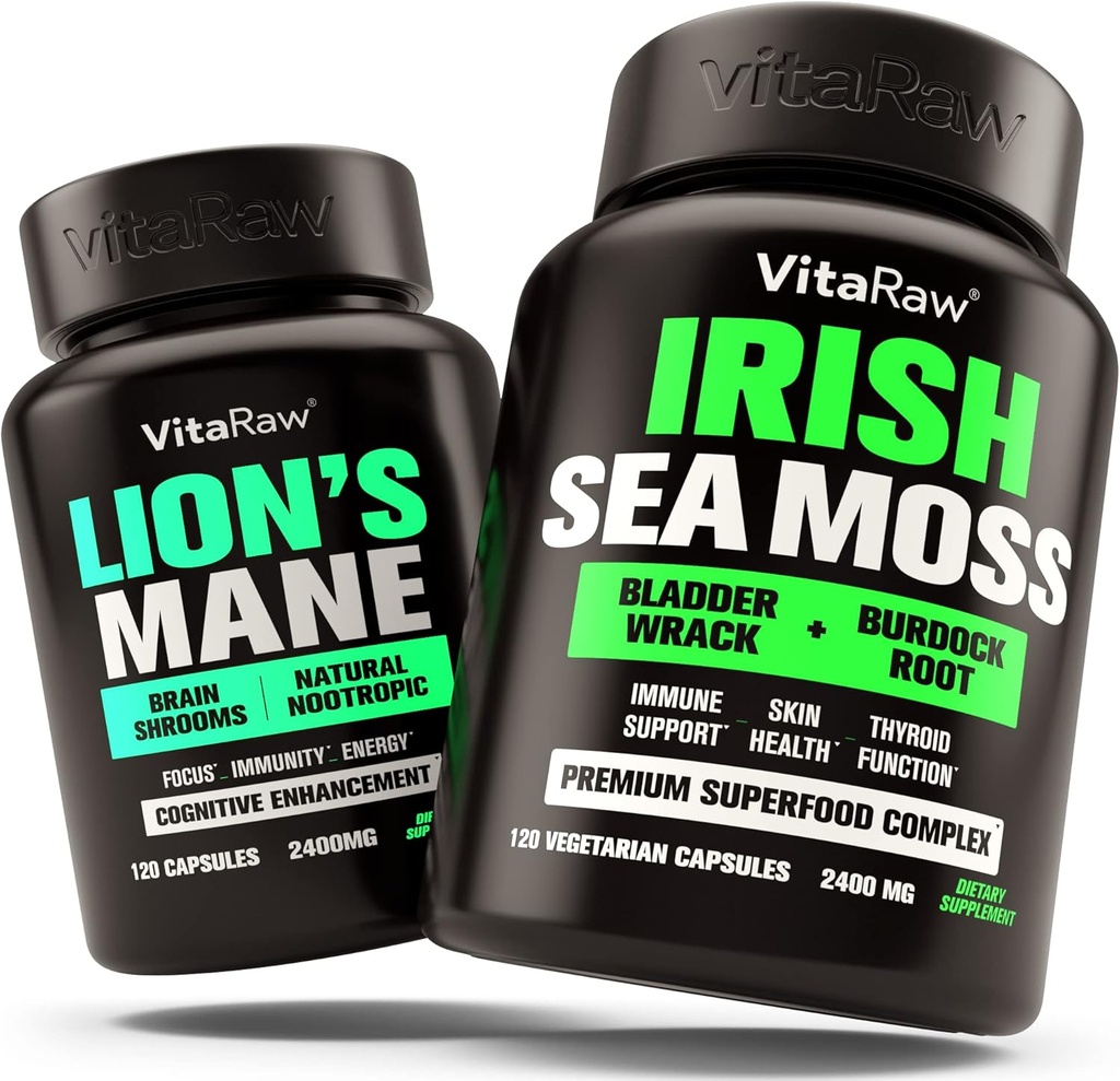 Lions Mane Mushroom + Irish Sea Moss - Brain Booster Memory & Energy + Immune Support, Joint & Tiroidal și Gut Health