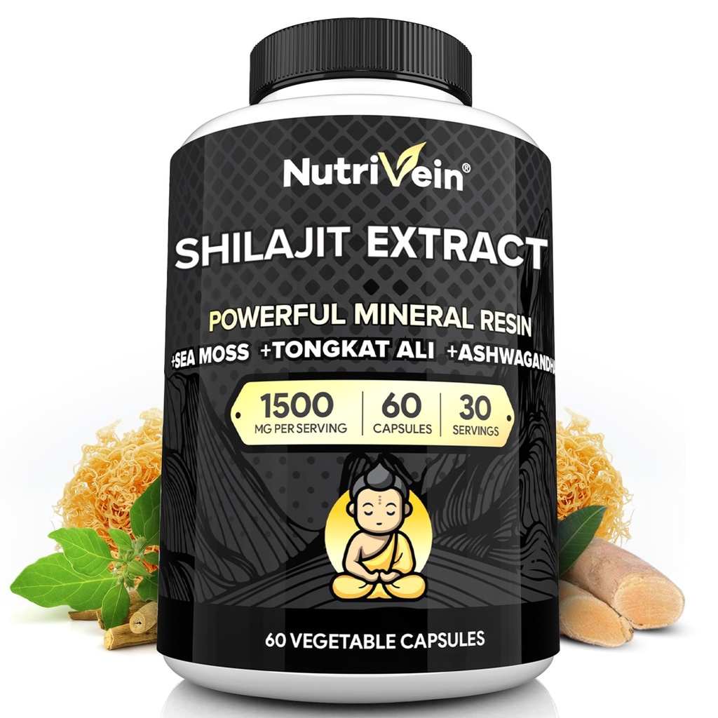 Nutrivein Premium Pure Himalayan Shilajit pentru bărbaţi şi femei - 1500 mg - 60 capsule - Extract puternic de rezin amestecat cu irlandez Sea Moss, Tongkat Ali, & Ashwagandha - Vitality, Clarity, & Performance