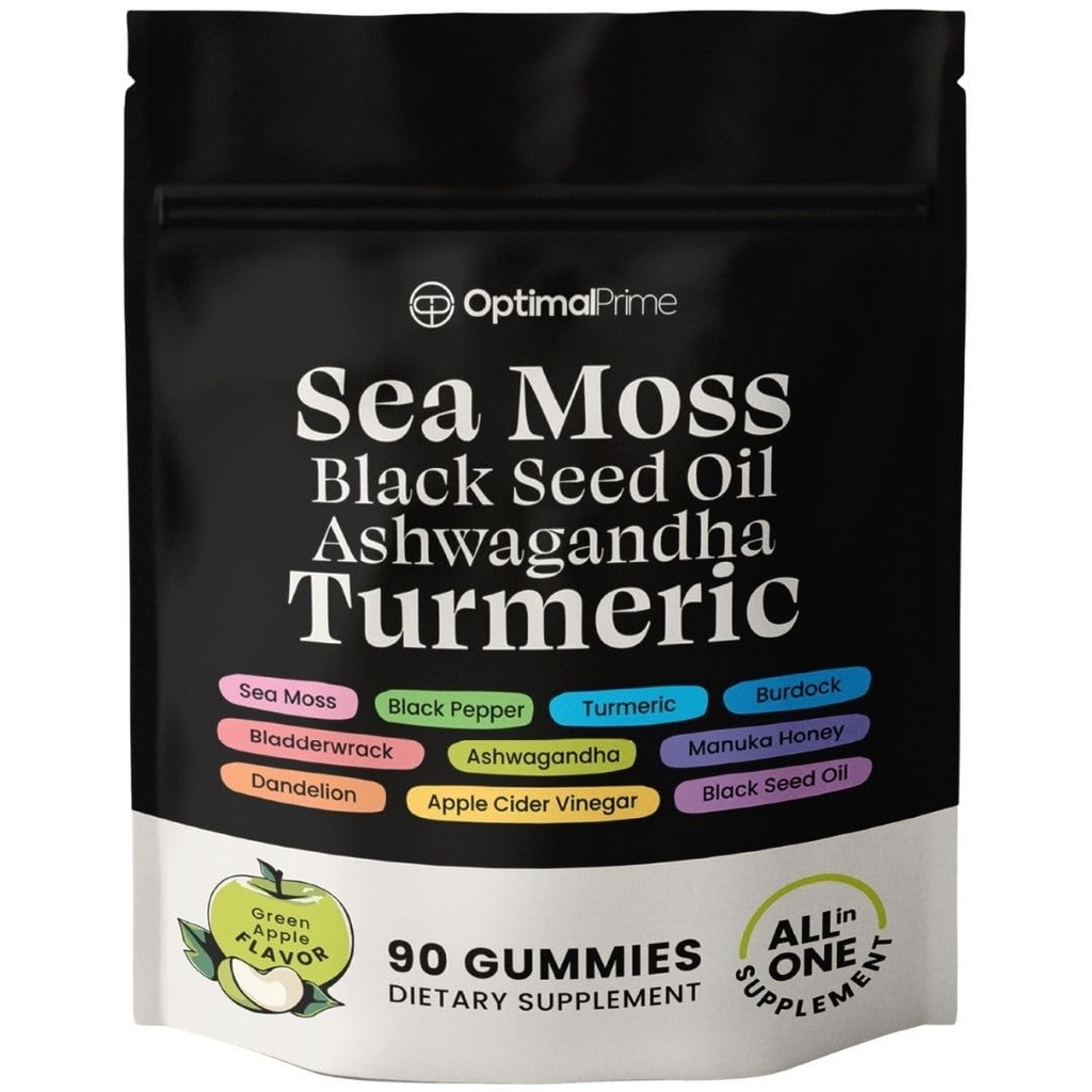 Optimal Prime Sea Moss și Black Seed Oil Gummies, Ashwagandha, Turmeric, Manuka Honey, ACV, Dandelion, Black Pepper, Bredock, Bladderwrack, Vegan, 90 Gummies 45 Day Supply