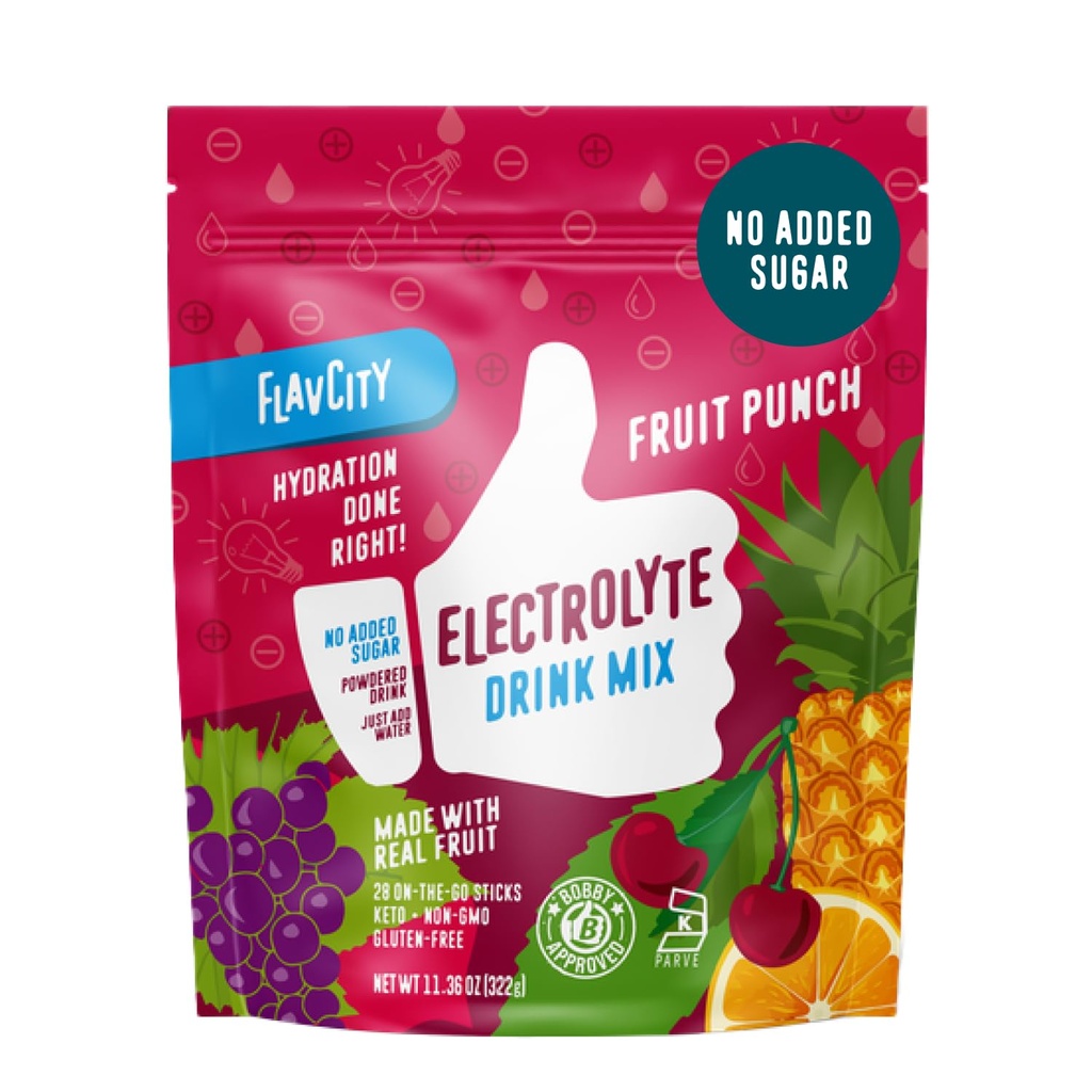 FlavCity Fruit Punch Electrolytes Pachete de pulbere - 28 Pachete de hidratare - Fără adaos de zahăr - Pulbere de hidratare cu fructe reale și sare de mare nerafinată - Keto & Gluten-Free (28 cutii cu stick)