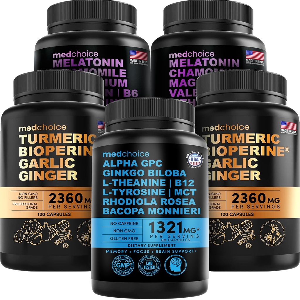 MEDCHOICE Turmeric & Ginger (240ct), Sleep Melatonin (180ct), şi Nootrop Brain (60ct) Suplimentul Bundle - Wellness Trio pentru creier, somn, şi suport imun - Vegan, non-GMO, gluten-free