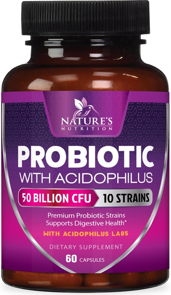 Probiotice 60 Miliarde CFU per Serving - 10 Tulpini + Prebiotice - Digestive Health, Curaj & Imunity Support - Suporte Constipaţie ocazională, Gaz & Blooting pentru Femei & Men Perioada de valabilitate Stabil - 60 Capsule