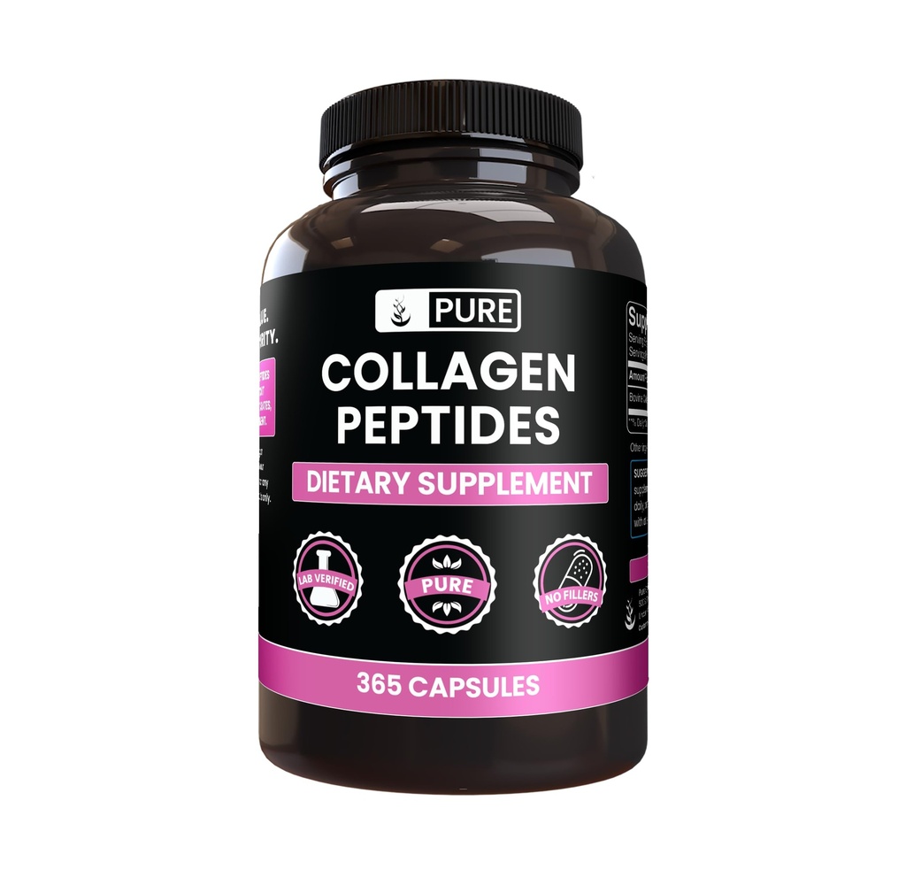 INGREDIENTE ORIGINALE Pure Colagen Peptides (365 capsule) No Magneziu or Rice Fillers, Always Pure, Lab Verified