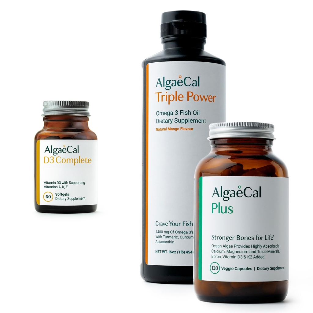 ALGAECAL Bundle - Vitamina D3 Completă (1000 UI) + Vitamine K2, E & A & Plant-Based Calciu pentru oase mai puternice și ulei de pește Omega 3 1200 mg EPA DHA