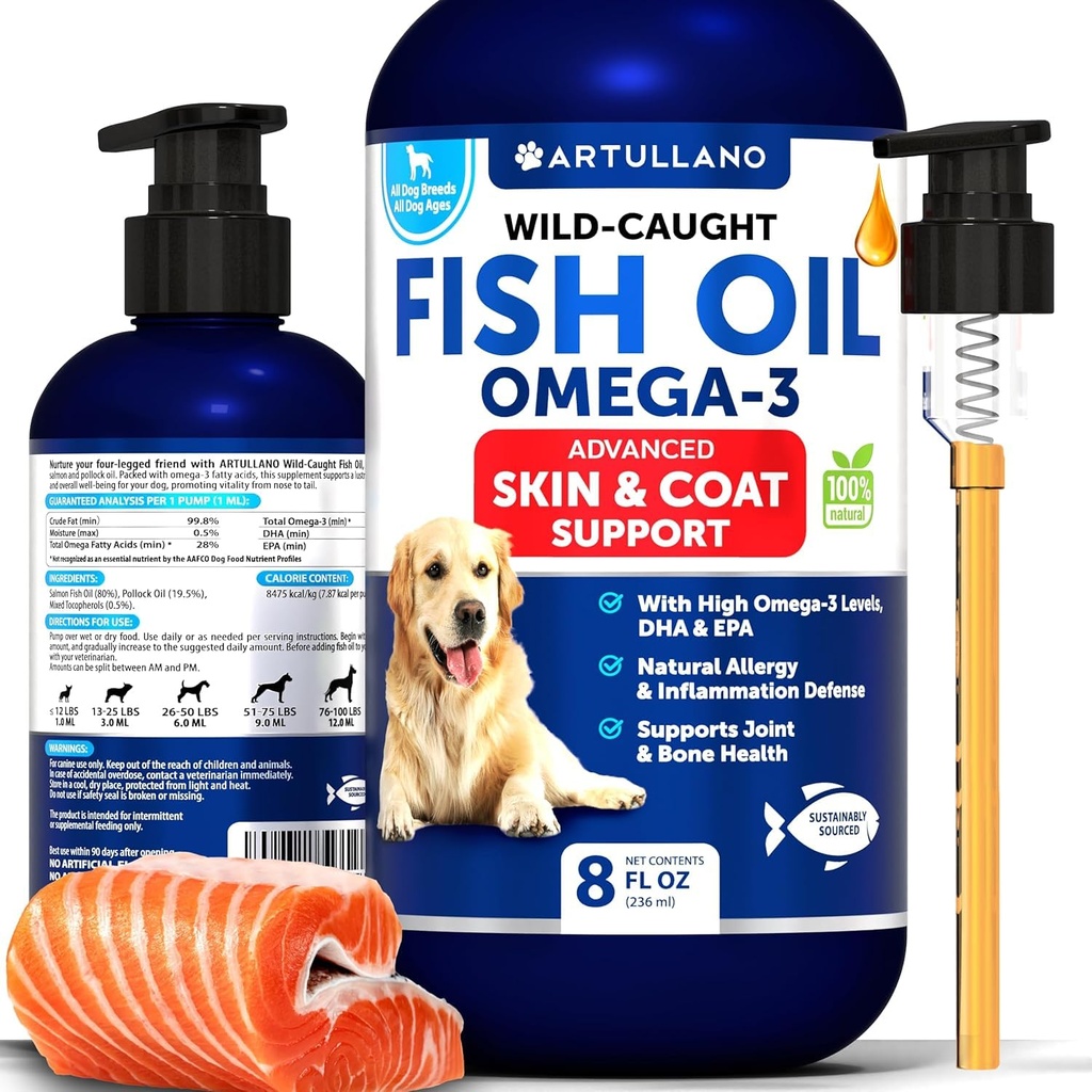 Omega 3 ulei de pește pentru câini - mai bine decât ulei de somon - piele și haine de apărare supliment lichid pentru ajutor de alergie - EPA ridicat și DHA pentru vărsare, mobilitate, mâncărime, sprijin comun și de sănătate osoasă - 8 FL OZ