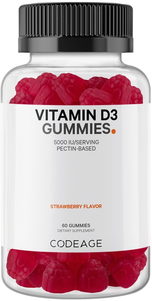 Codeage Vitamina D3 Gummy Vitamine, Vitamina D3 5000 UI Gummies Colecalciferol 125 mcg - 2 Month Supply - Soft Pectin-Based, Animal Gelatină-Free Vitamine Gummy, Căpșuni, Gluten-Free - 60 Gume