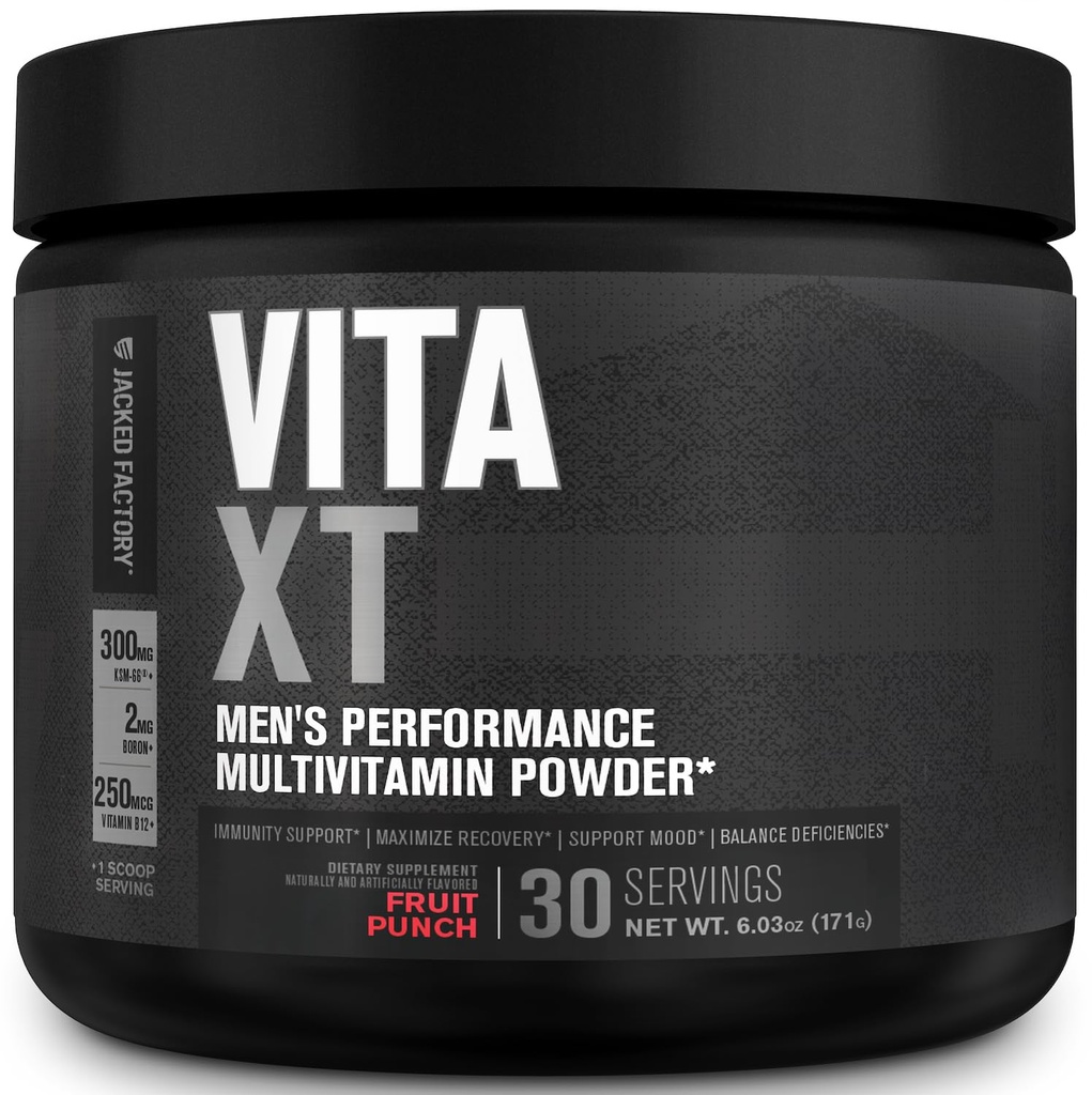 Fabrica Jacked Vita XT Performance Vitamina pulbere - Daily Multivitamine pulbere pentru bărbați cu KSM-66 Ashwagandha, Prebiotic Fiber, Vitamina A, C, D, K, B6, B12, & More - Punch de fructe, 30Sv