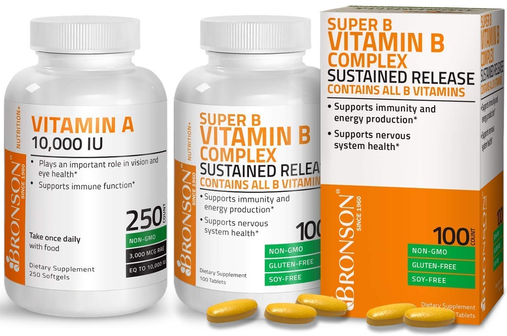 Bronson Super B Vitamina B Complex susţinut eliberare lentă + Vitamina A 10000 UI Premium Formula non-GMO