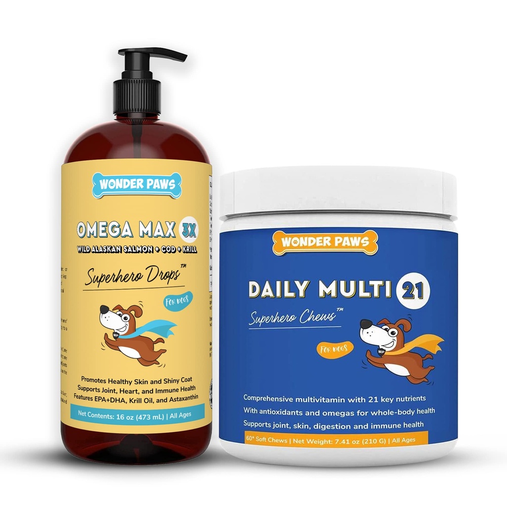 Wonder PAWS Omega Max Fish Oil Plus Daily Multivitamine Chews - pentru caine Joint Health, Umiditatea pielii, Sistemul imunitar Suport & Daily Wellness - Omega Max 16 Ounces - Multivitamine 60 Chews