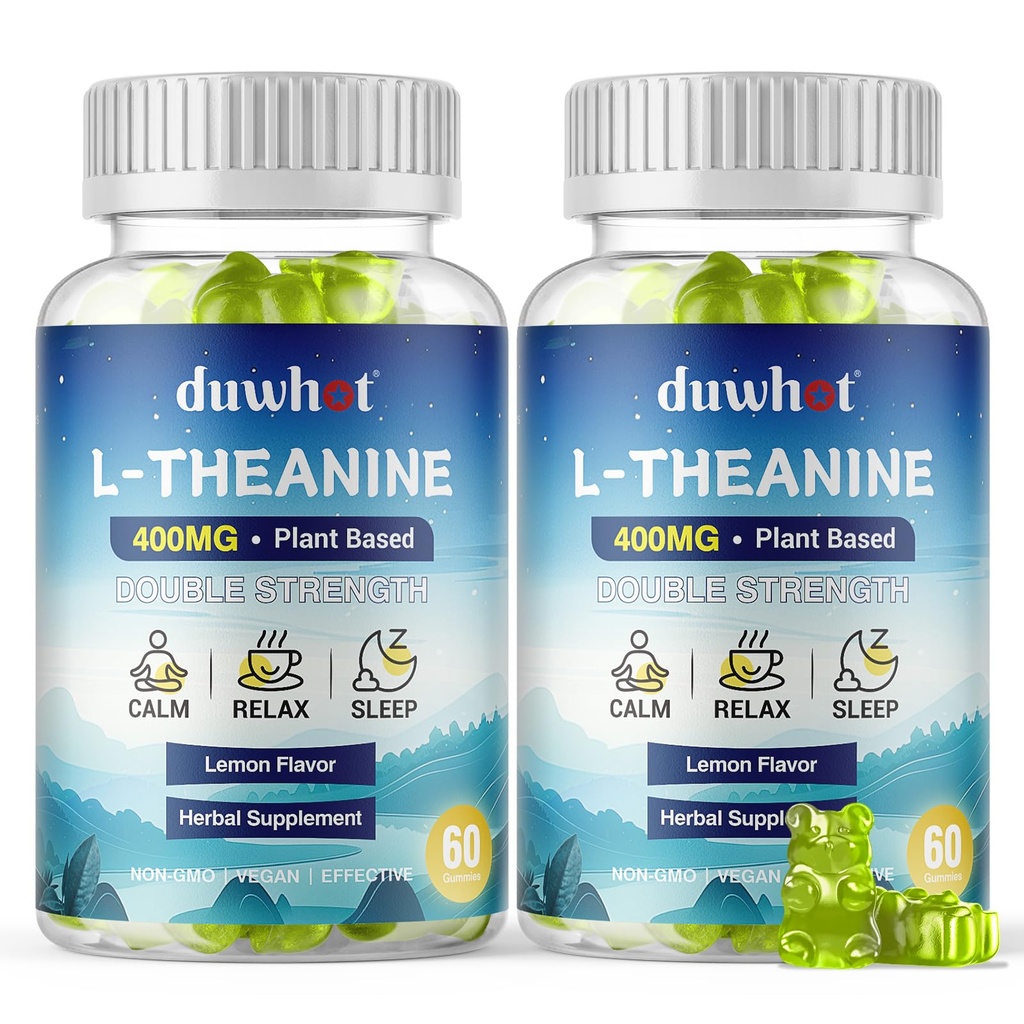L-Theanine Gummies 400mg, Chewable Theanine Supplement for Adulți & Kids 4+, Natural Stress Relief, ZZZ & Focus Supplement, Vegan, Low Sugar, Non-Drowsy, Lemon Flavor, 120 Chewables