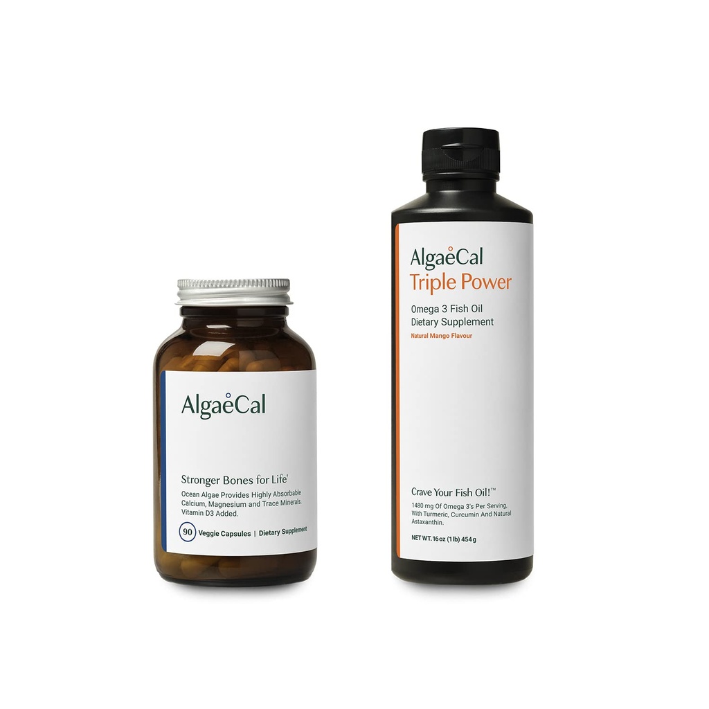 AlgaeCal Bundle - Supliment de calciu pe bază de plante cu vitamina D3 pentru sănătatea osoasă și puterea triplă Omega-3 ulei de pește lichid Emulsie naturală cu EPA & DHA, Curcumin, Astaxantină