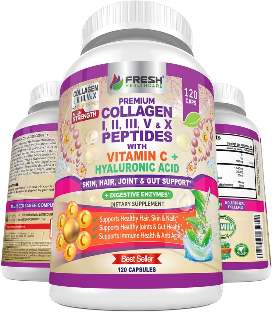 PEPTIDE PROASPETE HEALCARE Multi Colagen pastile cu tipul I, II, III, V & X cu vitamina C, Acid hialuronic - Suporturi păr sănătos, piele, unghii și articulații - 120 capsule Kosher