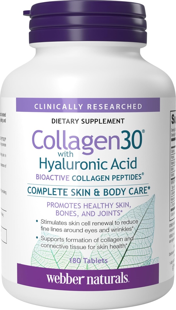 Webber Naturals Colagen30 cu acid hialuronic, colagen peptide bioactive, 180 comprimate, ajută la reducerea ridurilor oculare și linie facială fină, non OMG