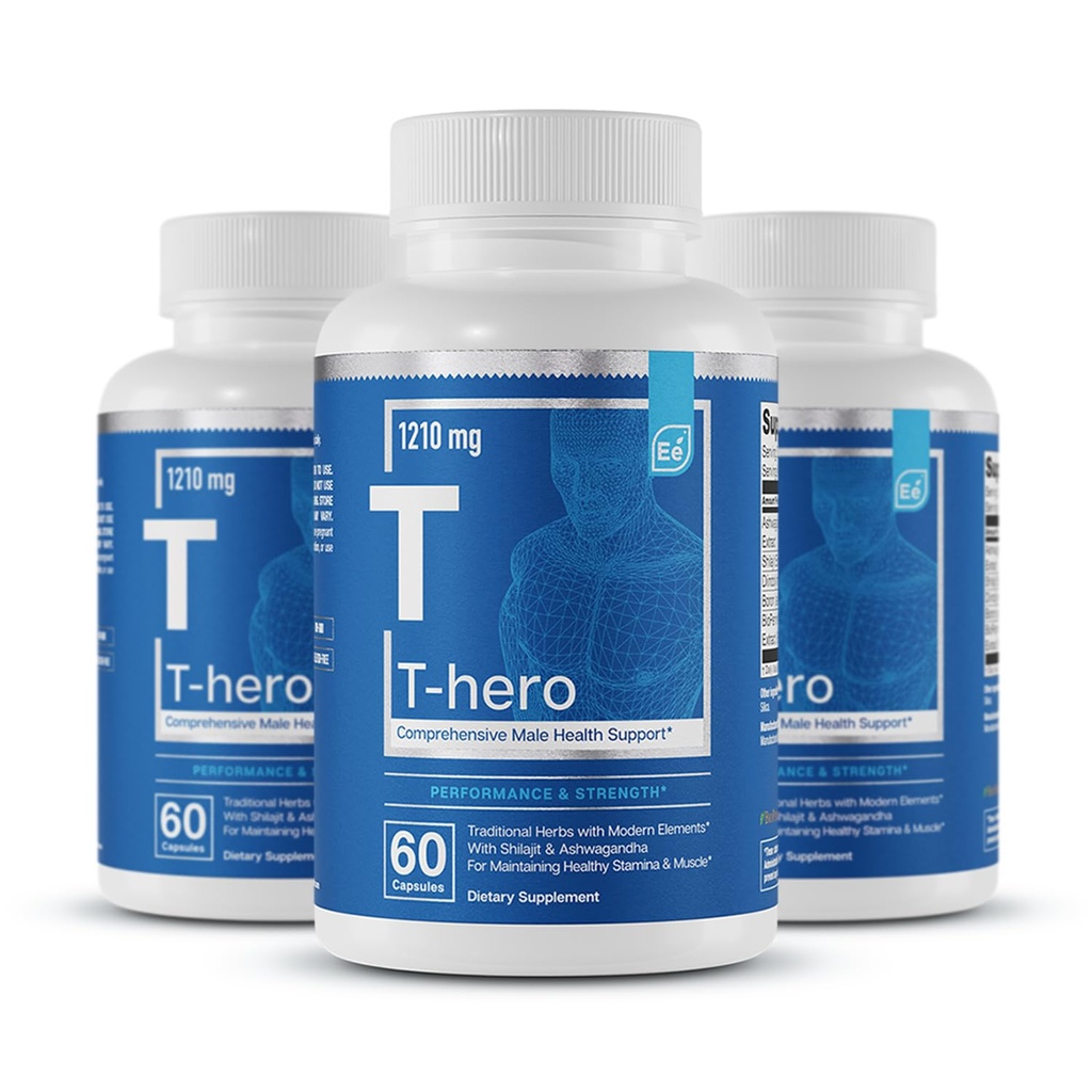 Elemente esentiale Suplimentul de sanatate masculina - Suport muscular & T-sanatate cu DIM, Ashwagandha, Shilaj, More T-Hero 60 Capsule Vegan (3-Pachet)