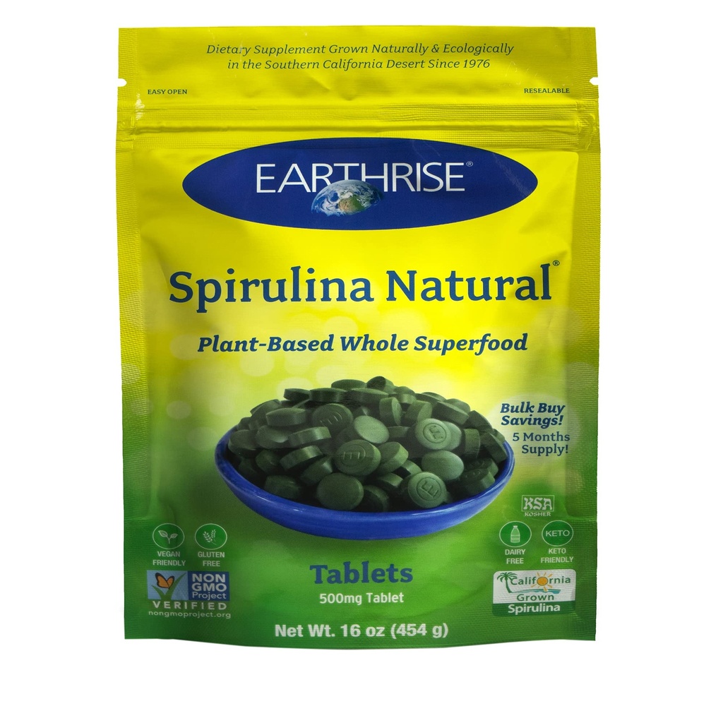 Earthrise Spirulina, Pure Californian Spirulina 500 mg, Vegan, Gluten Free, Keto Friendly, Non-GMO Super Food ridicat în vitamine și minerale., 1 LB tablete (150 Servire)