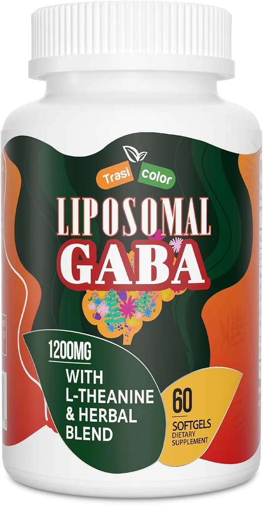 Liposomal GABA cu L-Theanină Suplimente 1200mg - Complex GABA de înaltă absorbţie cu Ashwagandha, Mușețel, Tartă Cherry Suplimente Herbal pentru bărbați și femei, 60 Softgels