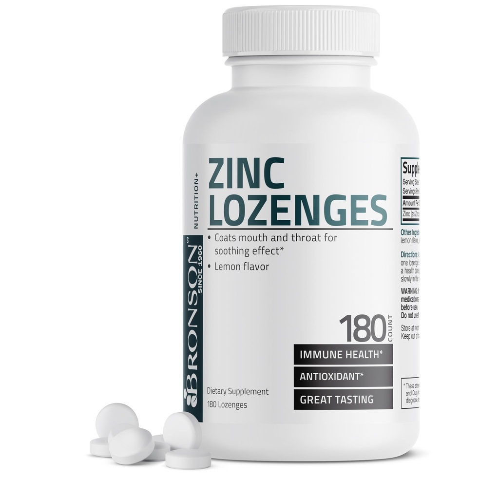 Bronson Zinc Lozenges Antioxidant & Immune Supplement Lemon Aroma, 180 Tablete masticabile