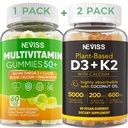 NEVASS 50+ Daily Gummy Multivitamine Algae Omega 3 & Calciu, CoQ10, Magneziu + Vitamina D3 5000UI Gume 125mcg cu calciu 600mg, K2(MK7) 200mcg