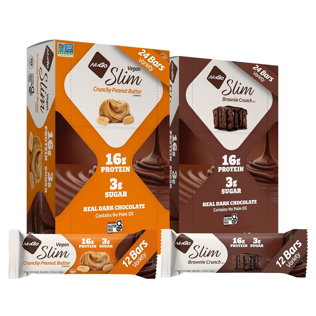 NuGo Slim 24ct Variety - Crunchy Unt de arahide 12 baruri și Brownie Crunch 12 baruri, 16g Proteine, Keto Friendly, Gluten gratuit, 24 conta